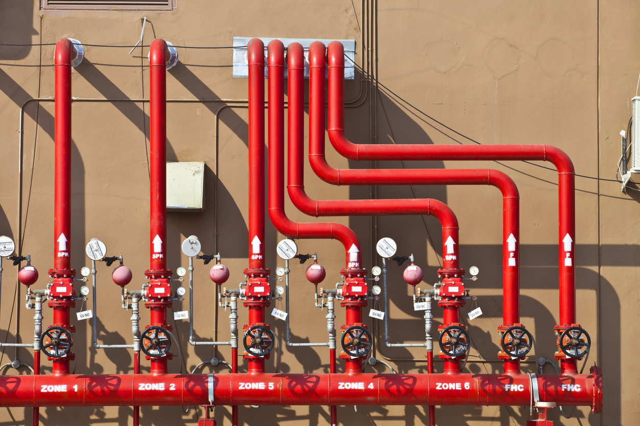 water sprinkler fire fighting alarm system, red pipe